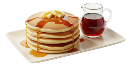 Stack of pancakes with syrup and butter transparent background cutout png