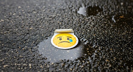 A sad emoji sticker with tears lying on a wet, textured asphalt surface, creating a reflective and moody atmosphere with water puddles nearby