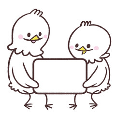 プレートを協力して持つ白い鳥のイラスト