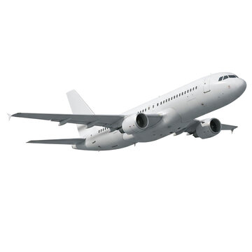 White passenger airplane flying isolated on transparent background