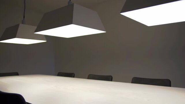 Modern conference room with white table, overhead lighting, and empty chairs.