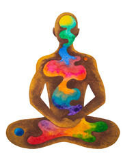 abstract human body chakra lotus pose yoga mediter peace mind mental health heal meditation self care love soul spiritual universe positive power therapy art design illustration watercolor painting
