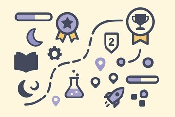 Fototapeta premium Abstract infographic representing achievement symbols such as awards, progress bars, and strategy elements visualized in harmonious pastel colors creating a mindset of motivation and success