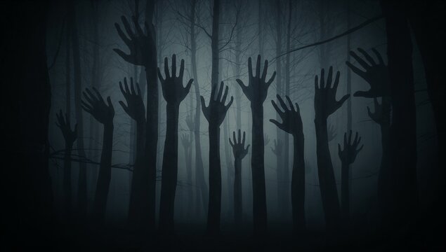 Eerie Hands Emerging from Shadows in Foggy Haunted Forest Scene