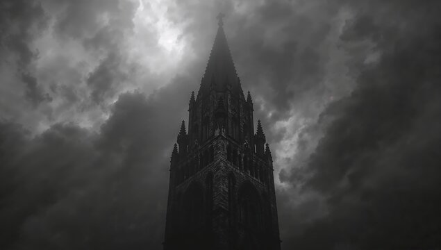 Dark and Dramatic View of Gothic Cathedral Spire Under Stormy Sky
