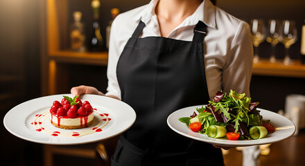 Server presents delectable raspberry dessert and fresh salad with professional flair