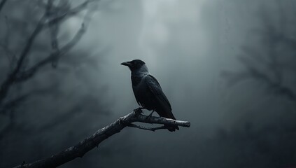 Fototapeta premium Mysterious Black Bird Resting on Branch in Foggy Forest Scene