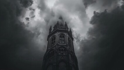 Gothic Tower Against Dark Stormy Sky in Brooding Atmosphere