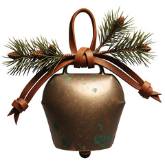 Rustic bronze cowbell decorated with pine branches and ribbon isolated on transparent background