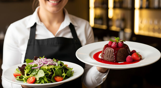 Smiling server presents delicious fresh salad and decadent chocolate dessert in an elegant restaurant setting - Powered by Adobe