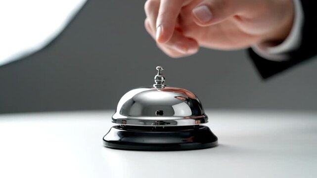 A person's finger presses a polished, silver bell on a white surface, requesting service