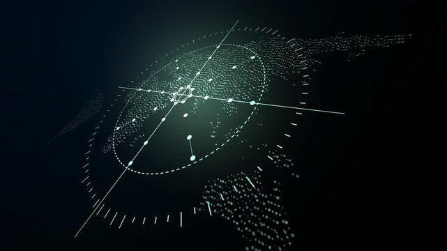 Futuristic rotating compass shows digital world navigation and earth direction