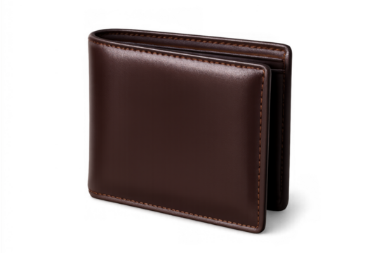 Brown leather bifold wallet symbolizing financial management, savings, and personal spending, standing on transparent background