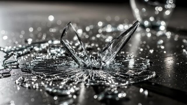 A stunning close-up reveals countless fragments of shattered clear glass scattered across a dark, reflective surface, with several sharp, jagged shards dramatically standing upright amidst the intrica