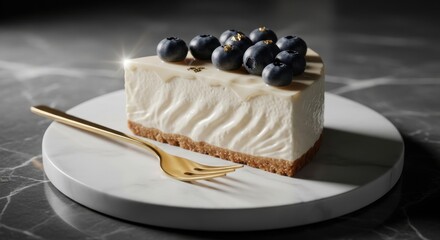 A slice of creamy cheesecake topped with fresh blueberries and a golden fork on a marble plate, presented elegantly on a dark marble surface, highlighting its rich texture and gourmet appeal