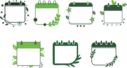Set of green calendar frames with floral and leaf decorations isolated on