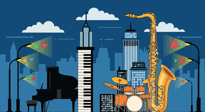 Vibrant city skyline at night with musical instruments and piano-shaped building.