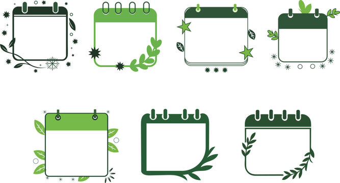 Set of green calendar frames with floral and leaf decorations isolated on