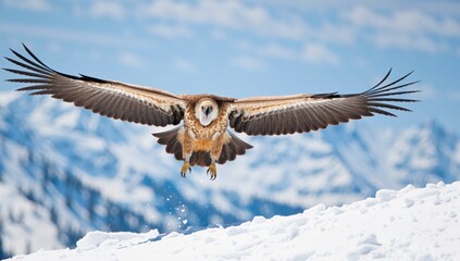Griffon vulture soars over snowy mountain peak, its wings spread wide against a blue sky backdrop
