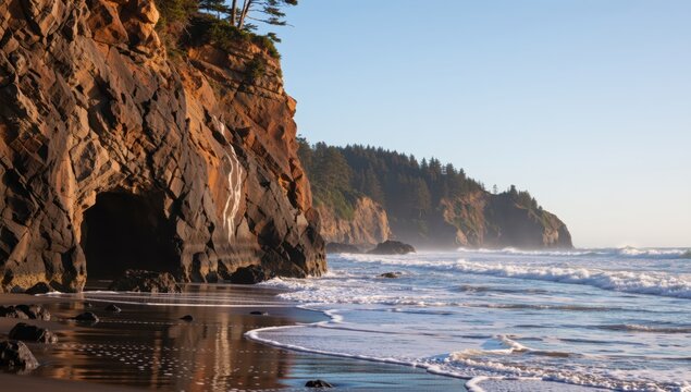 Waves crash against the rugged cliffs of the oregon coast on a sunny day with blue sky