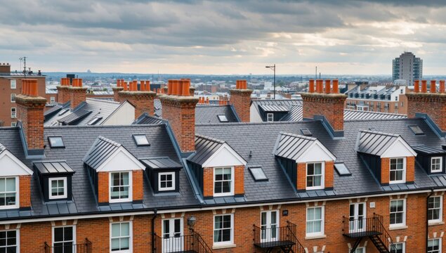Rooftops of brick buildings with chimneys and dormer windows under a cloudy sky in london