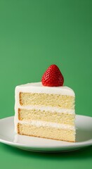 A delicious slice of layered vanilla cake with white frosting and a fresh strawberry on top, displayed on a white plate against a vibrant green background