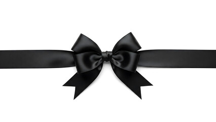 Black gift ribbon with center bow in horizontal layout, isolated on clean white background