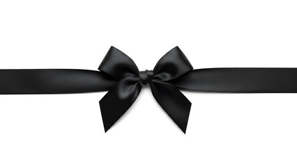 Black gift ribbon with center bow in horizontal layout, isolated on clean white background
