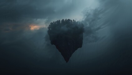 Floating Island with Forest in Dark Cloudy Sky at Dusk