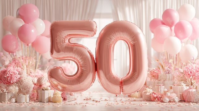 Delicate pink 50th birthday celebration with flowers, balloons, and presents aplenty.