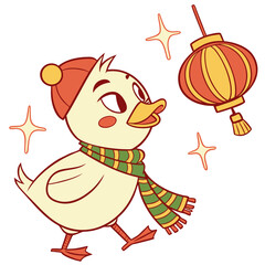 Grumpy Duck with with a scarf, set in a charming Lunar New Year / Chinese New Year theme – Year of the Dragon (or relevant animal) color vector art