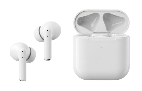White wireless earbuds with charging case transparent background cutout png