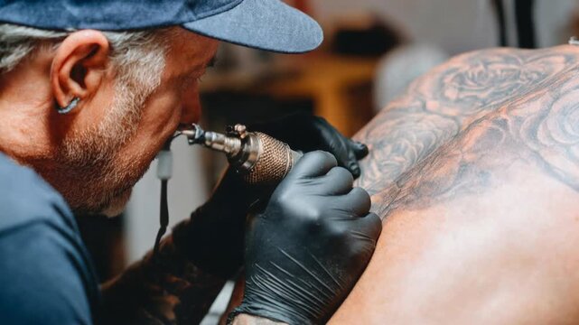 Tattoo artist at work with gloved hands and humming machine&mdash;edgy urban lifestyle, precision, subculture aesthetics, and fearless self‑expression told in needles, ink, and focused craft