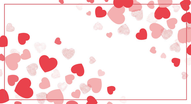 An abstract background with scattered red and pink heart shapes and small textured dots for a romantic celebration.