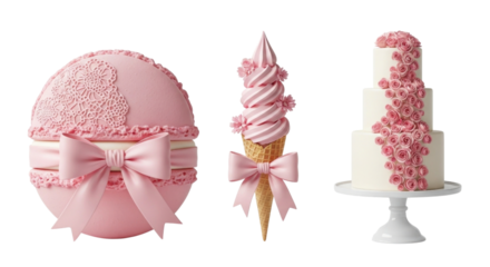 Pink easter egg cake with bow pink ice cream cone cake and pink tiered cake on stand transparent background cutout png
