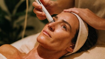 Aesthetic facial treatment with modern device and serene client—clinic‑grade beauty tech, anti‑age skincare, professional service, and premium wellness experience in soft light - Powered by Adobe