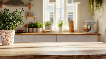 Bright and Inviting Kitchen with Green Plants and Natural Light Streaming Through Windows