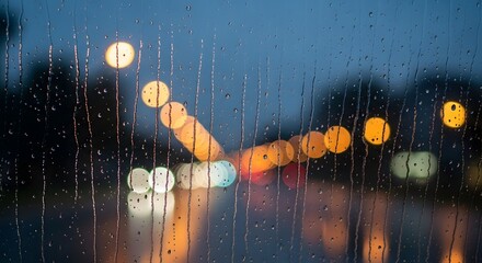 A close-up view of a rain-covered window with blurred city lights in the background during nighttime, creating a moody and atmospheric scene