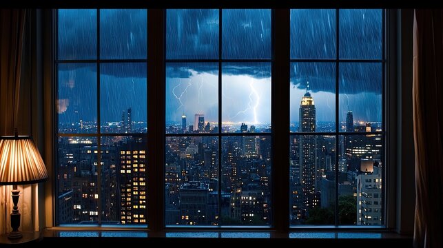 Dramatic Nighttime Cityscape View from a Window with Rain, Lightning, and Stormy Skies Over Urban Skyline
