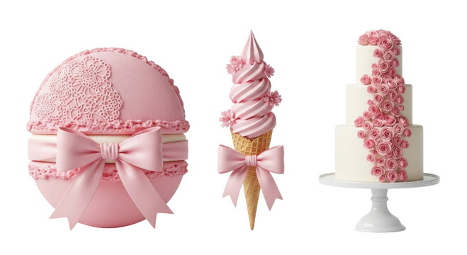 Pink easter egg cake with bow pink ice cream cone cake and pink tiered cake on stand transparent background cutout png - Powered by Adobe