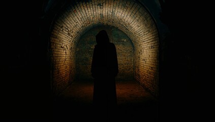 Mysterious Silhouette in Dark Arched Tunnel with Brick Walls