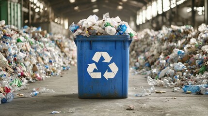 Blue recycling bin surrounded by heaps of waste materials in a large warehouse setting showcasing environmental awareness and waste management