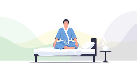 Obraz premium Meditating Man in Blue Robe Enjoys the Calm and Serene Atmosphere in Bedroom