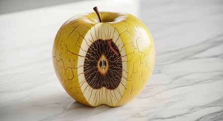 A creative with a realistic eye design on its surface, placed on a white marble background, showcasing a blend of nature and art in a still life composition