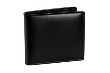 Black leather bifold wallet standing on transparent background, symbolizing financial items and men's accessories