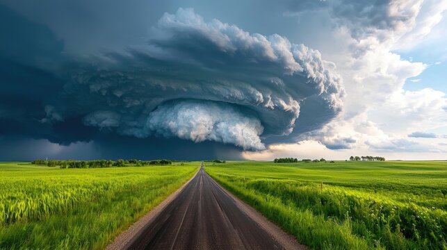 Dramatic Air Mass and Storm Clouds Over an Open Road Surrounded by Lush Green Landscape