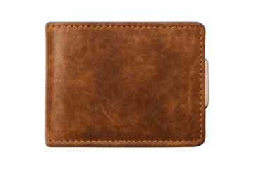 Brown leather bifold wallet with money clip on a transparent background representing personal finance and expenditure