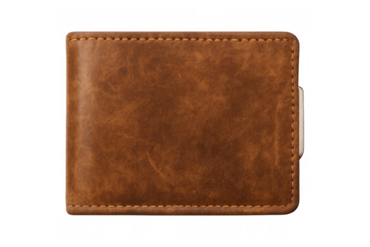 Brown leather bifold wallet with money clip on a transparent background representing personal finance and expenditure