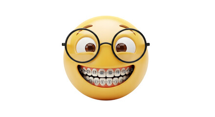 Yellow emoji with glasses and braces smiling widely