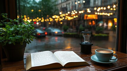 Cozy indoor scene with coffee cup, open book, plant, and raindrops on window in vibrant urban setting